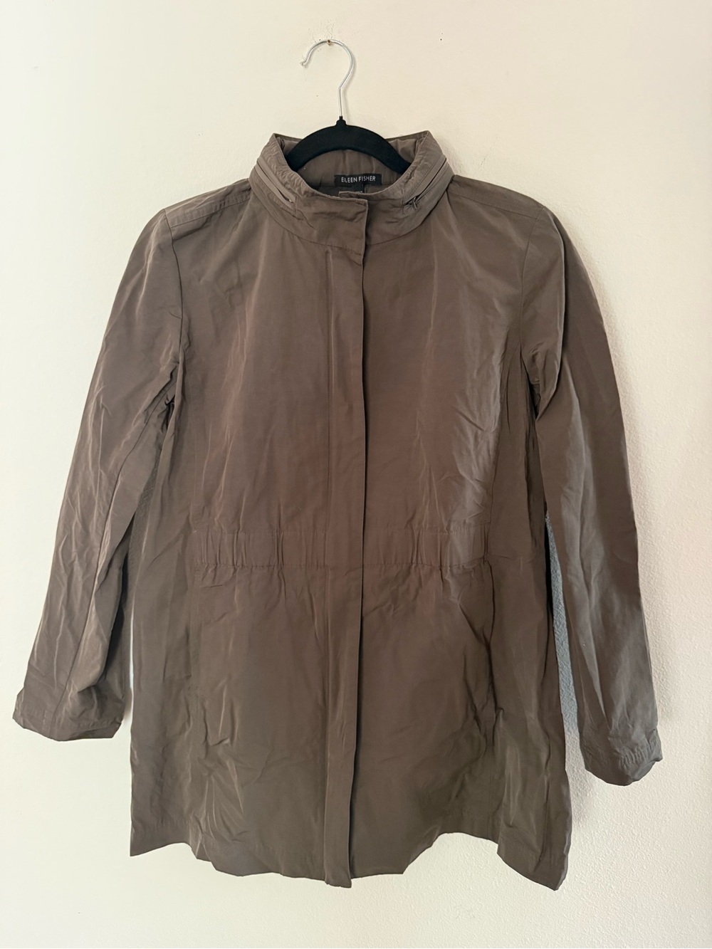 Eileen Fisher Taupe Utility Anorak Windbreaker Packable Hood Minimalist Jacket S